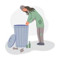 A homeless woman rummages through a trash can vector