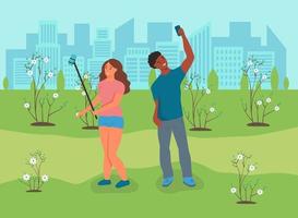 A couple in love takes a selfie in the park vector