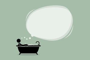 Thinking man taking a bath in the bathtub with a big empty bubble cloud. vector