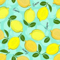 Lemon pattern. Seamless decorative background with yellow lemons. Bright summer design on a sea-green color background. vector