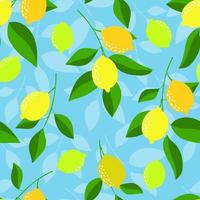 Seamless pattern with lemons on the blue background. Bright summer design. vector