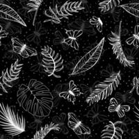 Tropical palm trees, banana leaves and butterfly on black background. Print fabric, paper and web. vector