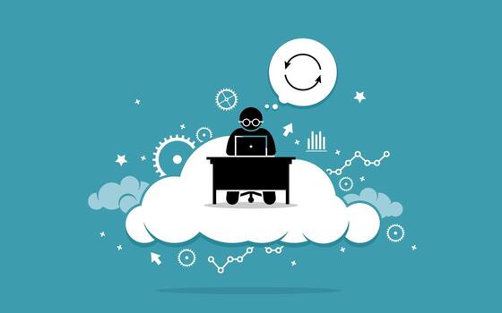 hombre que trabaja con la computadora en la nube. vector