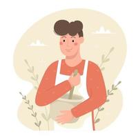 The young man is cooking. Vector illustration in cartoon style