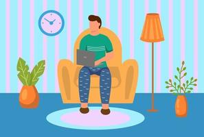 A young man is working on a laptop and sitting on the sofa vector