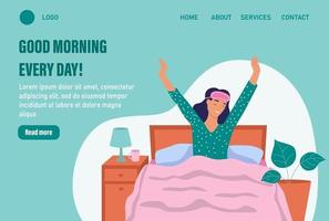 Good morning every day. Website homepage landing web page template. A young woman wakes up. The concept of daily life, everyday leisure and work activities. Flat cartoon vector illustration.