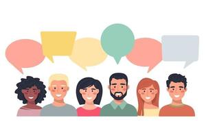 People avatars with speech bubbles. Communication of men and women, talking illustration. Team, conference, work, feedback. Vector illustration in flat style.