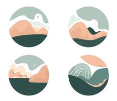 A set of various abstract landscapes. Mountains, hills, rivers, landscapes, backgrounds. Cutout style. Round icons, badges. Vector. vector