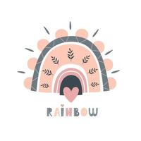 Childish print with cute drawn rainbow and flowers. Ideal for children's clothing, decor, postcards, covers and packaging. Baby vector illustration