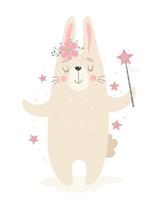 Cute rabbit with a magic wand. Vector illustration in a flat style