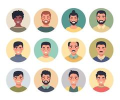 colección de retratos de avatares masculinos en un icono redondo, comunicación, personas, web, comentarios, chat. ilustración vectorial en un estilo plano. vector
