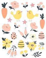 Easter, spring set with cute birds, flowers, eggs and carrots. Vector isolates on a white background.