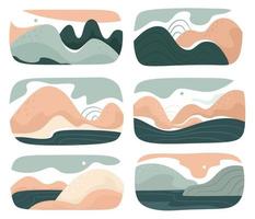 A set of various abstract landscapes. Mountains, hills, rivers, landscapes, backgrounds. Cutout style. Vector backgrounds.