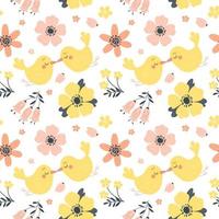 Seamless spring pattern with cute birds and flowers. Vector illustration in flat style.