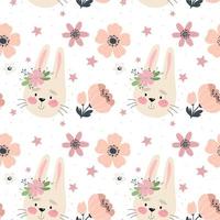 Seamless pattern with cute bunny and flowers. Vector illustration.