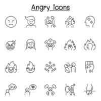 Set of angry Related Vector Line Icons. Contains such Icons as crazy, mad, violence, aggressive, boxing, hit, punch and more