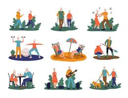 Set of elderly people. Pensioners run, do yoga, Nordic walking, walk a dog, work in the garden, sunbathe, sing, sit in a cafe, dance. Concept of active old age. Vector illustration.