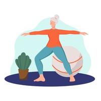 una anciana hace yoga en casa. el concepto de vejez activa, deportes y yoga. día de la tercera edad. ilustración vectorial de dibujos animados plana. vector