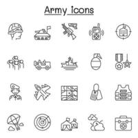 conjunto de iconos de líneas vectoriales relacionadas con el ejército. contiene iconos como soldado, tanque, acorazado, avión a reacción, guerra, ataque, invasión, bomba, rifle, radar y más. vector