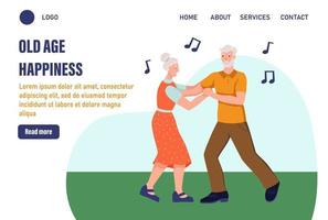 Old age happiness Landing page template. Elderly couple dancing.The concept of active old age. Day of the elderly. Flat vector illustration