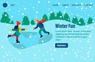 Winter fun Landing page template. Children dressed in winter clothes or outerwear performing outdoor activities fun. Snow festival or ice skating. Flat vector illustration