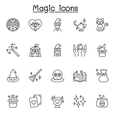 Set of Magic Related Vector Line Icons. Contains such Icons as clairvoyance, magician, witch, Wand, Spell Book, Effect and more