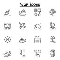 conjunto de iconos de líneas vectoriales relacionadas con la guerra. contiene iconos como soldado, ejército, ejército, marina, fuerza aérea, bomba, acorazado, avión y más vector