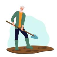An elderly man gardening. Pensioner digs the ground. The concept of active old age. Day of the elderly. Flat cartoon vector illustration.
