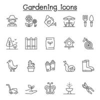 conjunto de iconos de líneas vectoriales relacionadas con la jardinería. contiene iconos como jardinero, guante, cortadora de césped, planta, mariposa, fertilización, siembra, bota, pala, regadera y más vector