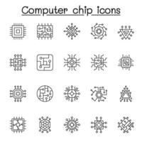 conjunto de iconos de líneas vectoriales relacionadas con chips de computadora. contiene iconos como circuito, placa madre, panel electrónico, cpu, procesador y más vector