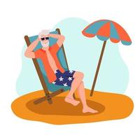 Elderly man sunbathing on the beach. The concept of active old age. Day of the elderly. Flat cartoon vector illustration.