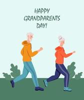 Happy Grandparents day greeting card. Elderly couple running in the Park. Cheerful grandmother and grandfather cartoon characters. Day of the elderly. Flat vector illustration.