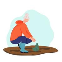 An elderly woman gardening. Retired woman planting flowers. The concept of active old age. Day of the elderly. Flat cartoon vector illustration