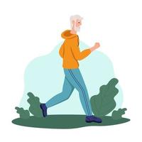 An elderly man runs in the Park. The concept of active old age, sports, and running. Day of the elderly. Flat cartoon vector illustration.