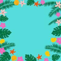 Fondo de verano con elementos, monstera, hojas de palmera, flores, conchas. ilustración vectorial plana. vector