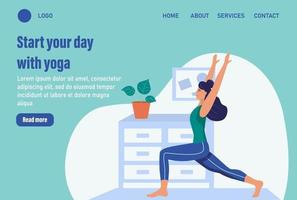 comienza tu día con yoga. página de inicio del sitio web plantilla de página web de aterrizaje. mujer joven hace yoga en casa. el concepto de vida diaria, ocio diario y actividades laborales. ilustración vectorial de dibujos animados plana. vector