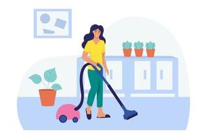 A young woman vacuums the house. The concept of daily life, everyday leisure and work activities. Flat cartoon vector illustration.
