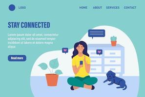 Stay connected. Website homepage landing web page template. Young woman is sitting with a phone on the floor. The concept of daily life, everyday leisure and work activities. Flat cartoon vector illustration.