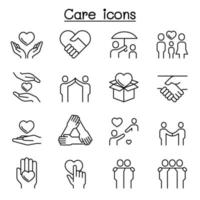 Care, Kindness, Generous icon set in thin line style vector