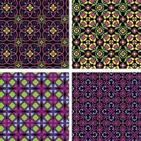 neon mod rnate seamless geometric and floral tile patterns on black backgrounds vector