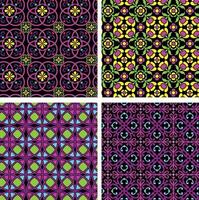 neon mod rnate seamless geometric and floral tile patterns on black backgrounds vector