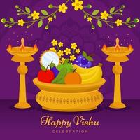 Happy Vishu Celebration with Fruits and Candle vector