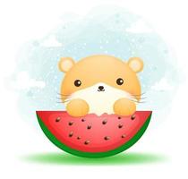 Cute hamster eating watermelon cartoon character Premium Vector