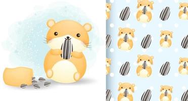 Cute hamster with sunflower seed and seamless pattern cartoon character Premium Vector