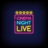 Cinema Night Live Neon Signs Style Text Vector