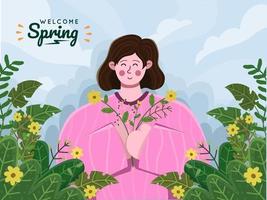 Young woman relax and enjoy spring season with bringing flowers bouquet. Happy spring seasons. Welcome to spring. People enjoying spring at forest or park with floral and beautiful flower. Suitable for Greeting card, postcard, invitation, banner, flyer. vector