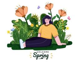 People enjoying spring seasons with floral background. It's spring time. Spring is coming. Break or vacation. Enjoy spring holiday at park with beautiful flower. Suitable for greeting card, postcard, invitation, banner, web, poster, flyer, etc. vector