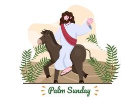 Palm Sunday illustration with Jesus ride a donkey and with palm leaves. Jesus riding donkey entering Jerusalem. Christian Palm Sunday religious holiday. Suitable for greeting card, banner, postcard, web, etc vector