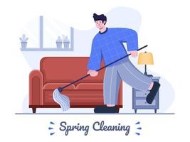 Spring Cleaning flat illustration with people mopping the floor. House cleaning at spring. Home clean up spring. Can be used for poster, banner, greeting card, postcard, presentation, animation, web. vector