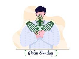 Happy Palm Sunday with Christian Pastor people bringing cross and palm leaves. Palm Sunday Christian holiday. Suitable for greeting card, invitation, banner, flyer, poster. vector